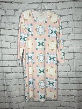 Lands End Long Sleeve Mid Calf Nightgown Size S 6-8 Pastel Patchwork Quilt Star